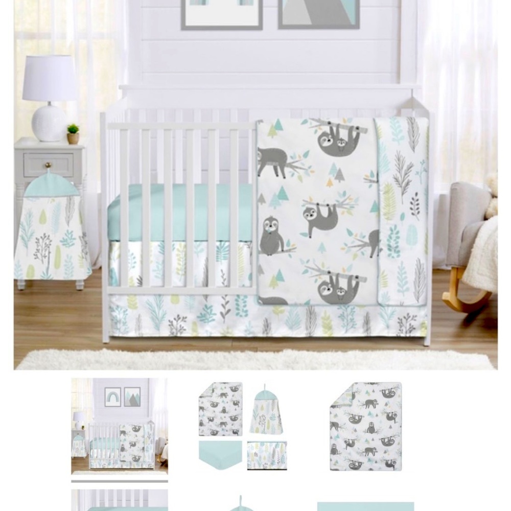 Sweet Jojo Designs Aqua, Grey & White Jungle Sloth Leaf Crib Bedding Set - NWOT